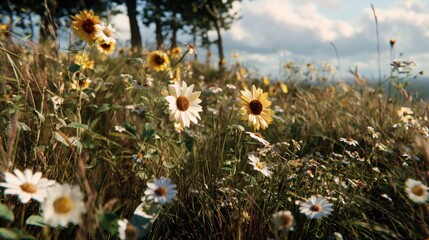 Scenic wildflower meadow with daisies, sunflowers and tall grasses under cloudy skies
