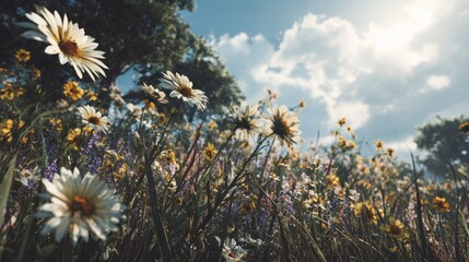 Serene meadow filled with daisies and wildflowers under a sunny sky