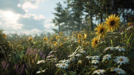Sunlit meadow brimming with wildflowers, creating a serene and picturesque scenery