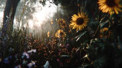 Sunlit meadow with wildflowers and sunflowers bathed in soft, golden light