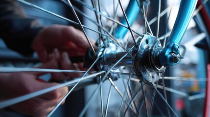 Fototapeta premium Young mechanic tightens spokes on a bicycle wheel maintaining balance and preventing wobble with specialized truing tools.