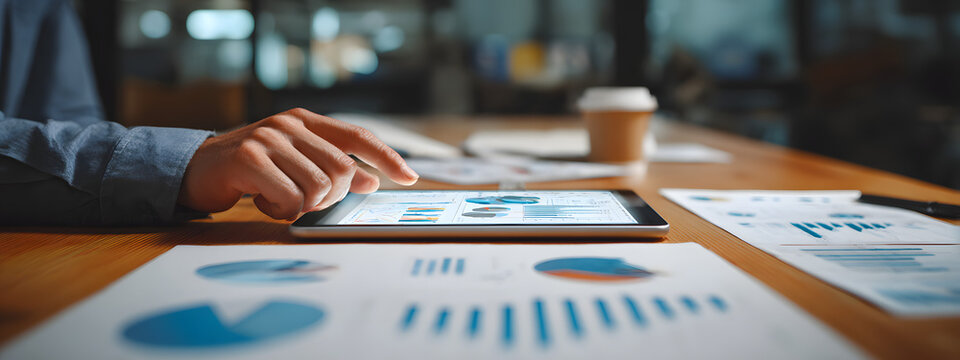 Professional analyzing key performance indicators ona tablet in an office settng with charts and graphs resent