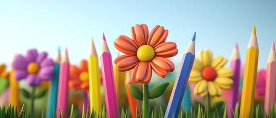 Colorful cartoon flowers and pencils in grassy field