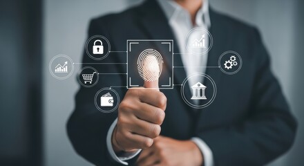 Businessman using fingerprint scanner for secure digital access and data protection.