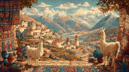Serene Andean Vista: Llamas Overlook a Picturesque Peruvian Village Painting Style