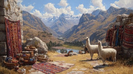 Majestic Andean landscape featuring Llamas overlooking a valley with snow-capped mountains