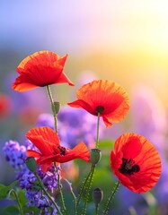 Obraz premium Vibrant poppies in a field of lilacs at sunset