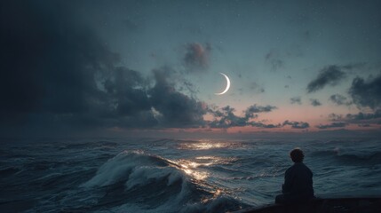 Contemplative Figure Gazing at Crescent Moon Over Ocean with Dramatic Clouds