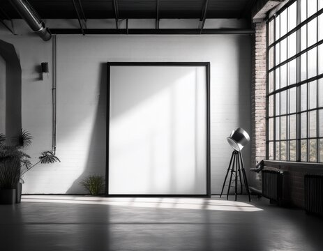 a 3d rendered mockup of a minimalist white background frame inside a modern loft featuring an industrial steel frame design high contrast black and white photography dramatic window lighting