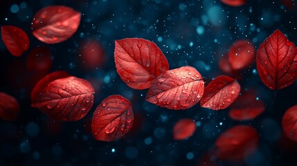 Fototapeta premium Floating Crimson Leaves with Raindrops on a Dark Blue Background with Abstract Nature.