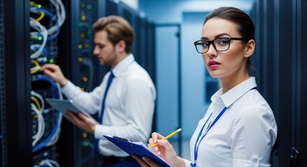 Two IT professionals diligently working in a server room, examining network equipment.