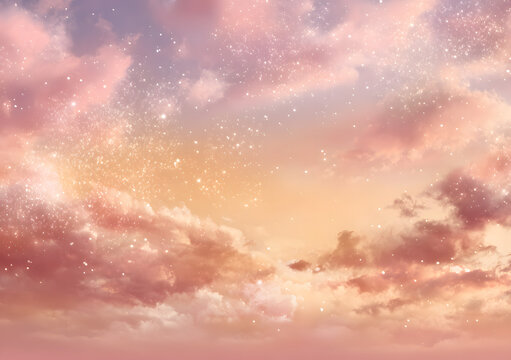 Dreamy soft pink and golden sunset sky with gentle couds and subtle glitter efects