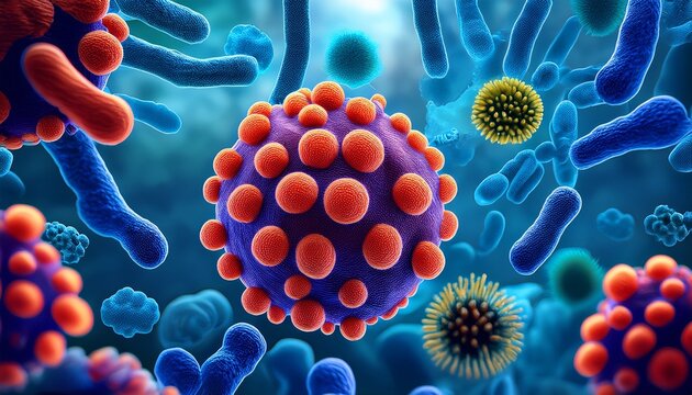 close up of bacteria showcasing mpox virus their unique shapes and textures under an electron microscope with vibrant colors against a blue background