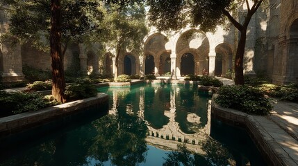 Tranquil Courtyard Scene Reflecting Classic Architecture in Emerald Waters and Natural Light