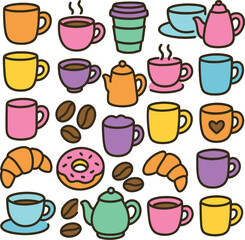 Vector art of colorful collection of coffee cups, croissants, and donuts