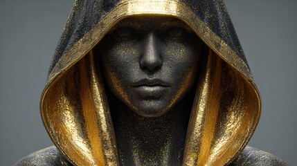 Dramatic, glittery figure in black and gold hooded robe radiates mystery, power.