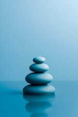 Obraz premium Zen Balance Stones on Calm Water, Monochrome Blue Minimal, Vertical, Copy Space