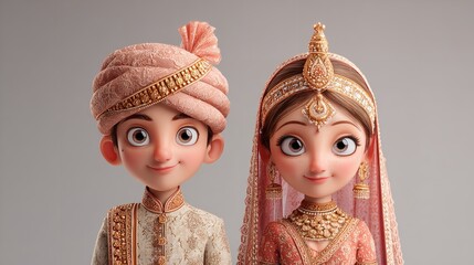 Animated Hindu Bride and Groom Portrayal for Weddings and Cultural Celebrations