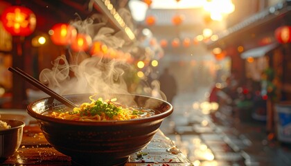 Warm Bowl of Noodle Soup Steaming in Vibrant Street Scene at Sunset