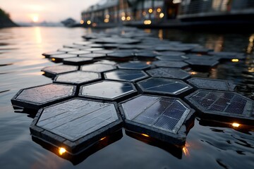 Floating Solar Panels on Calm Water at Sunset with EcoFriendly Renewable Energy Source.