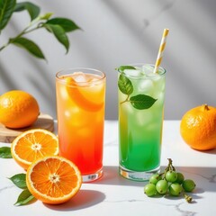 Fototapeta premium Refreshing Colorful Drinks with Fruit Garnish in Bright Setting
