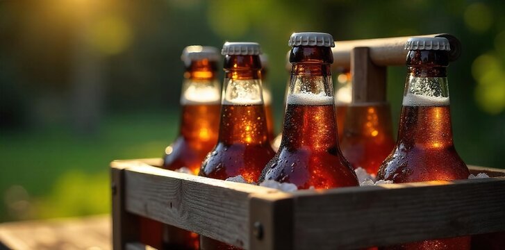 Ice-cold beer bottles sweating condensation, sitting in a rustic wooden crate, ready to be enjoyed on a hot summer's day Perfect for thirst-quenching refreshment , chill, drinks, hot day - Powered by Adobe