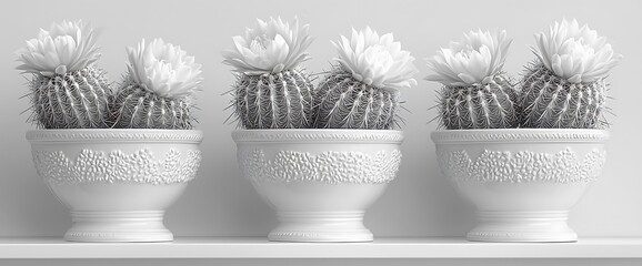 Flowering cactus in white ceramic pots with home decor, minimalist, and grayscale.