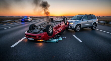 Obraz premium Car accident on the road, they crashed after the collision. Horrible accident: the car is smashed to pieces, in the background is a police car. Everything is in pieces, accident on the highway.