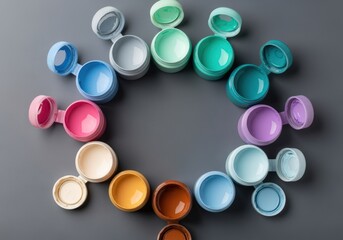 Vibrant colorful paint pots in a creative arrangement