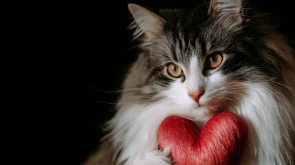 Fluffy Cat Holding a Red Heart Love with Affection, and and Pet Care on a Black Background.