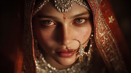 Stunning portrait of a beautiful Indian woman adorned with traditional jewelry