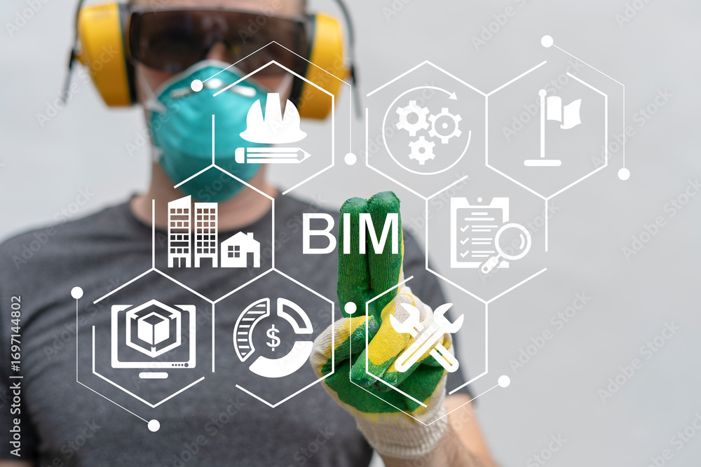 Poster engineer using virtual touch screen presses the acronym bim. building information modeling (bim) des