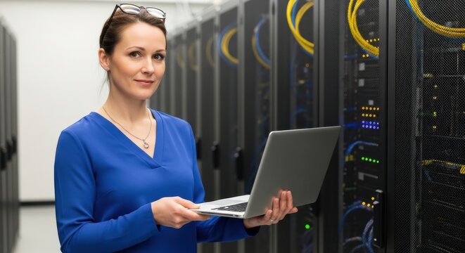 Confident woman in blue shirt holding laptop in a server room with racks of equipment.