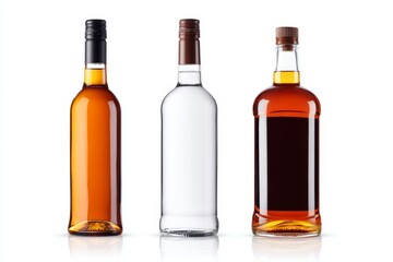 Three assorted bottles of alcoholic beverages on white background