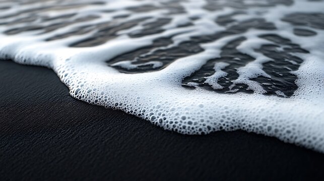 Foamy ocean waves gently wash over dark sandy beach Abstract coastal scene.