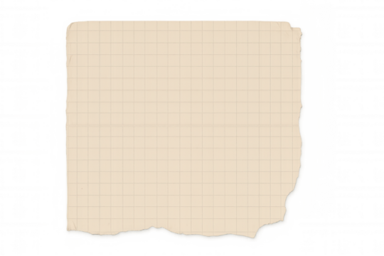 Close-up of a blank sheet of squared notebook paper with torn edges, isolated on a transparent background, creating a vintage and minimalist aesthetic