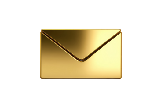 A gold colored envelope with a gold colored stamp