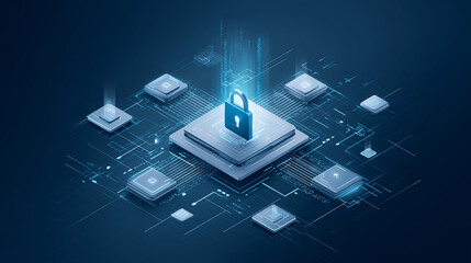 Cybersecurity protects data with encryption, padlock system, and secure digital access.