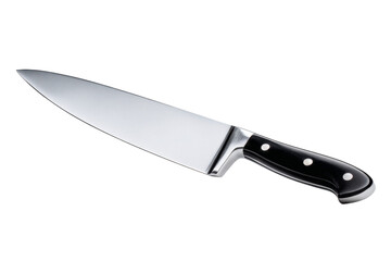 A shiny silver knife with a black handle