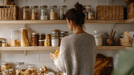 Woman organizing pantry with reusable containers filled with food staples at home
