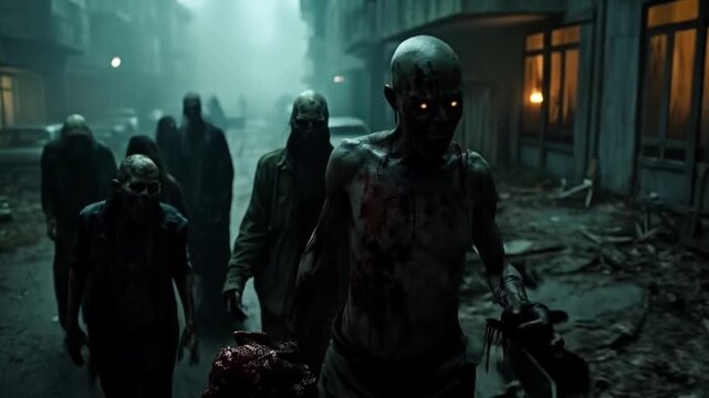 A group of zombies walking down a street with abandoned cars in a dark and eerie environment halloween zombie video
