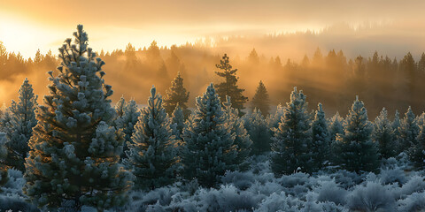 Obraz premium Winter Sunrise in Pine Forest