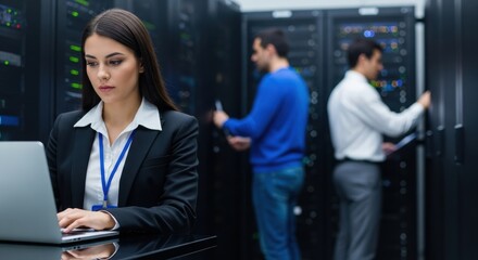 Focused female data center technician working on laptop amidst server racks with colleagues.