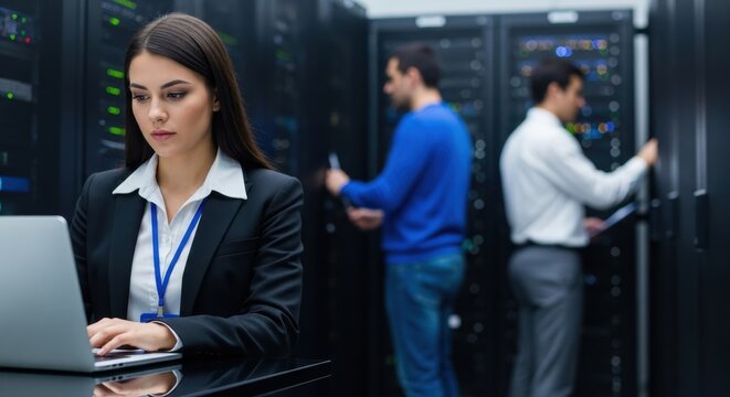 Focused female data center technician working on laptop amidst server racks with colleagues.