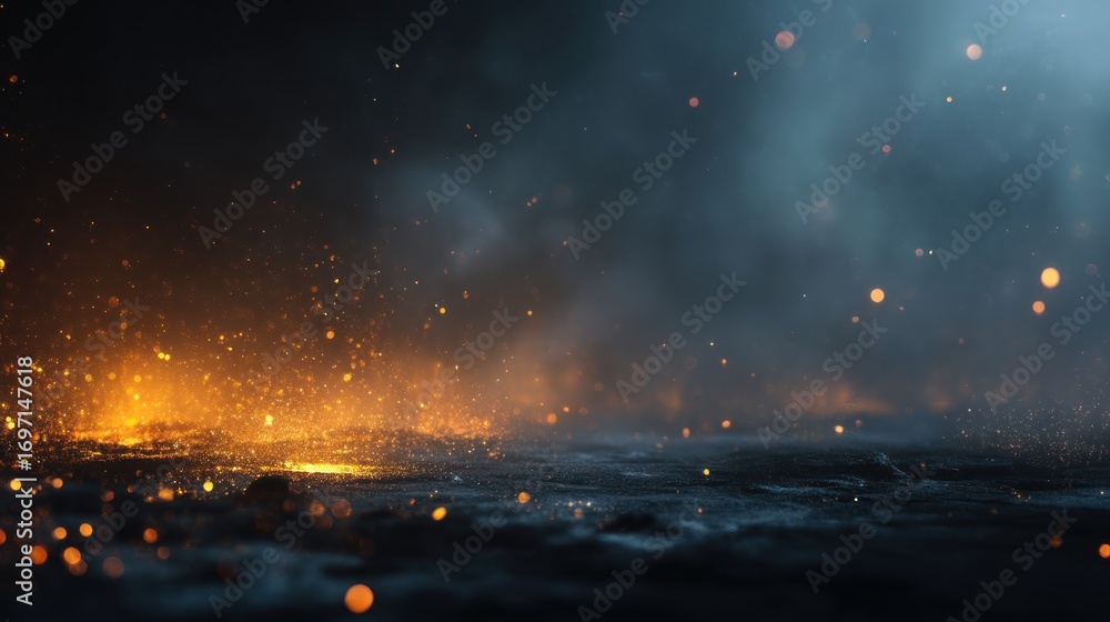 Poster abstract background with sparkling orange light and hazy blue gradient atmosphere