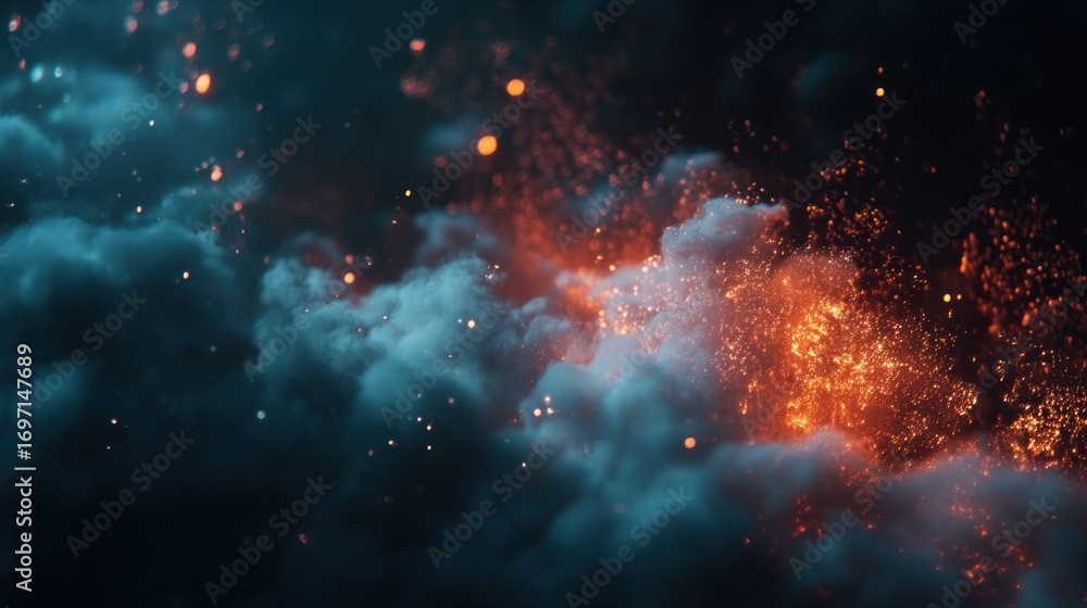 Poster abstract nebula clouds with light particles in dark space for artistic background