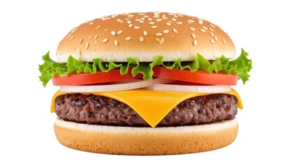 Cheeseburger with Lettuce, Tomato, and Onion, Isolated on White Background