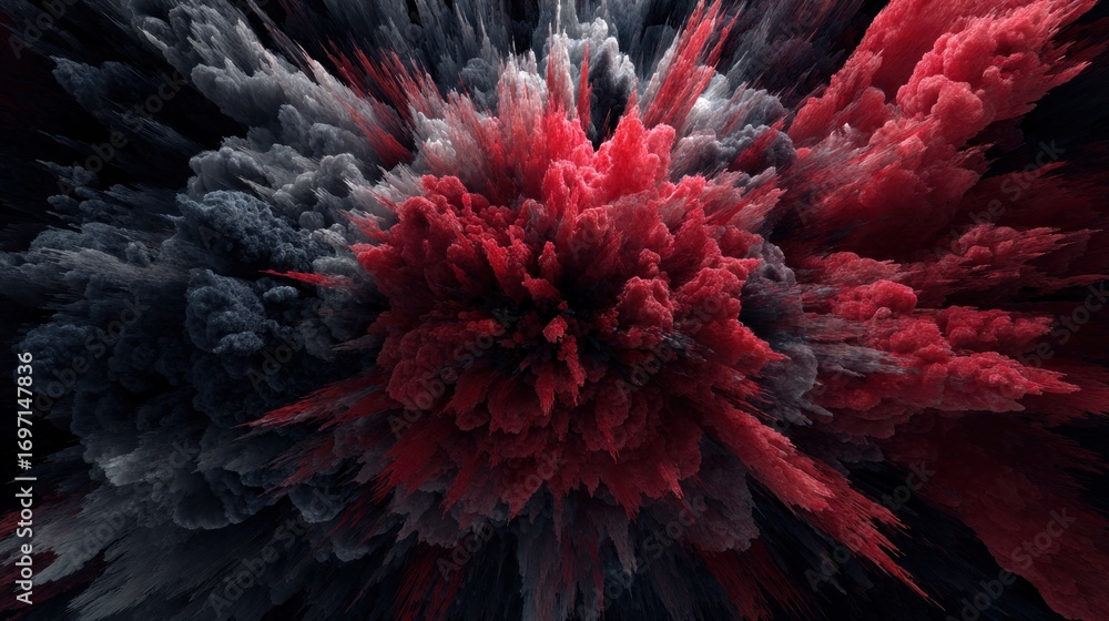 Poster abstract explosion of red and gray colors in a dynamic, swirling pattern