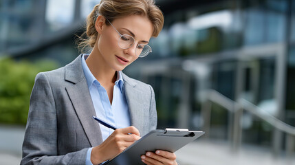 Professional woman in business suit is writing on clipboard outside modern office building, showcasing focus and determination