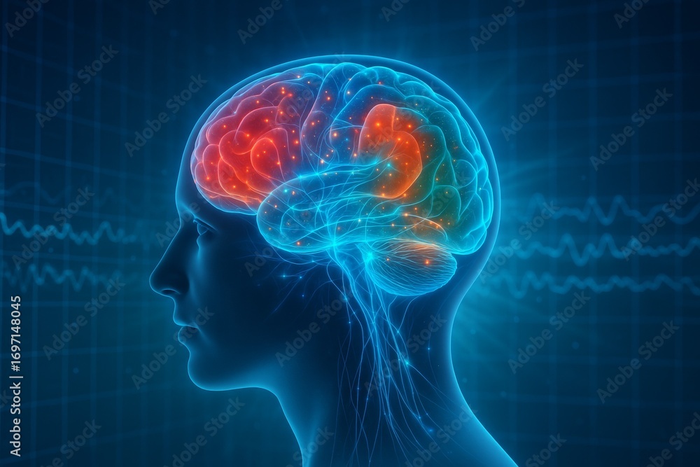 Poster digital visualization of human brain activity with neural connections and brainwaves